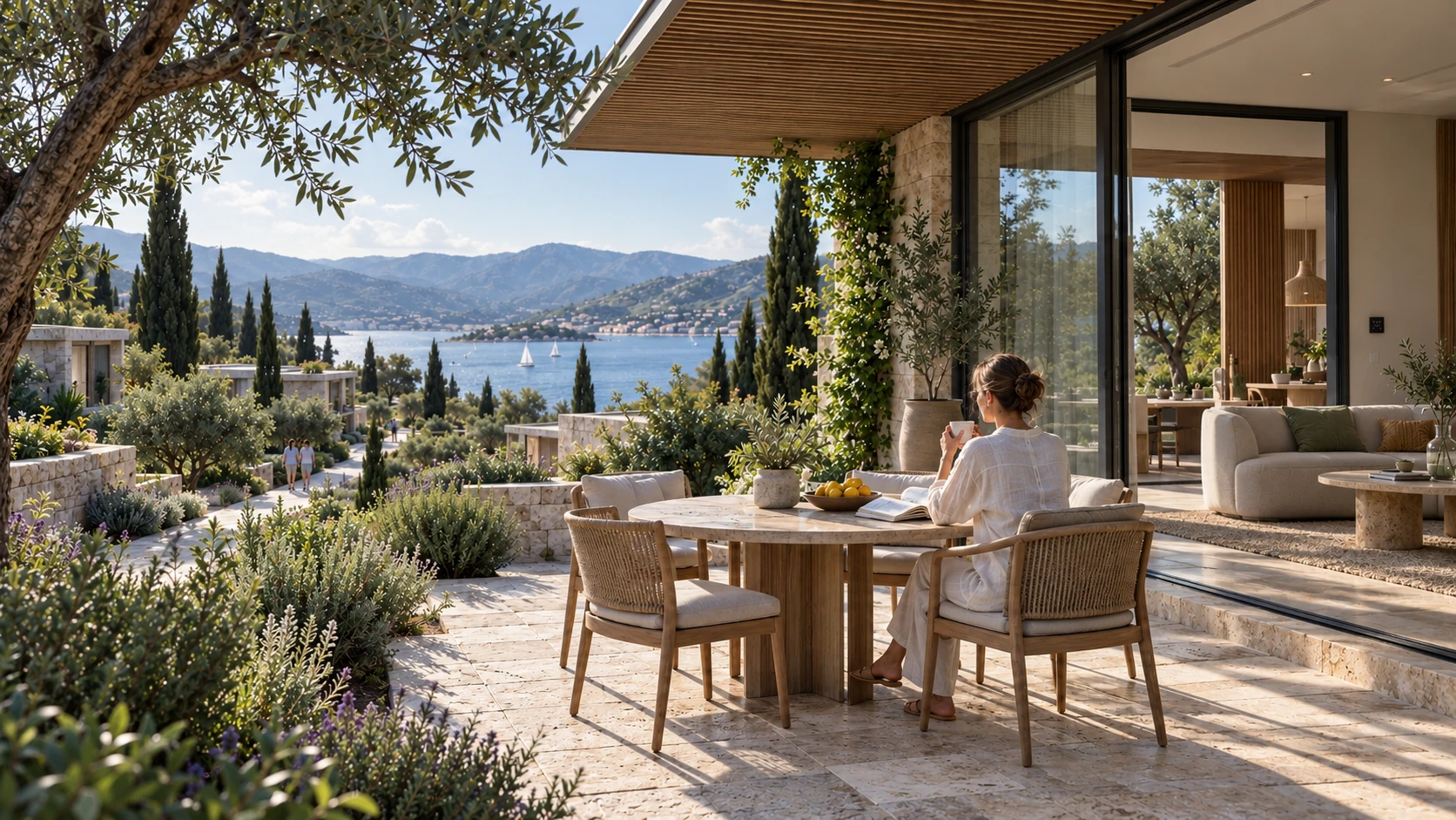 Resident on a sunlit terrace overlooking community homes and a lake