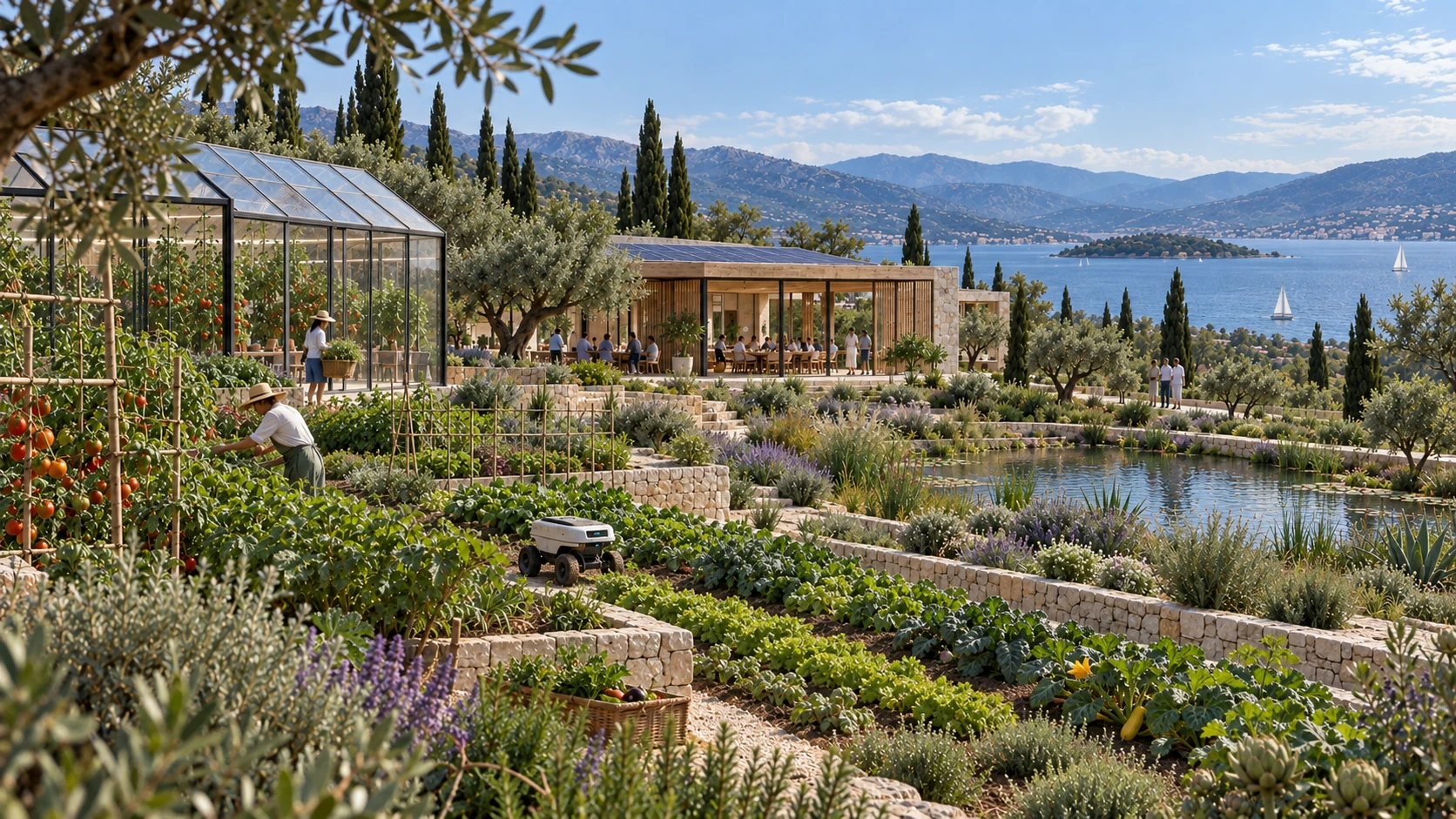 Gardens, greenhouse, solar roofs and shared spaces beside a lake